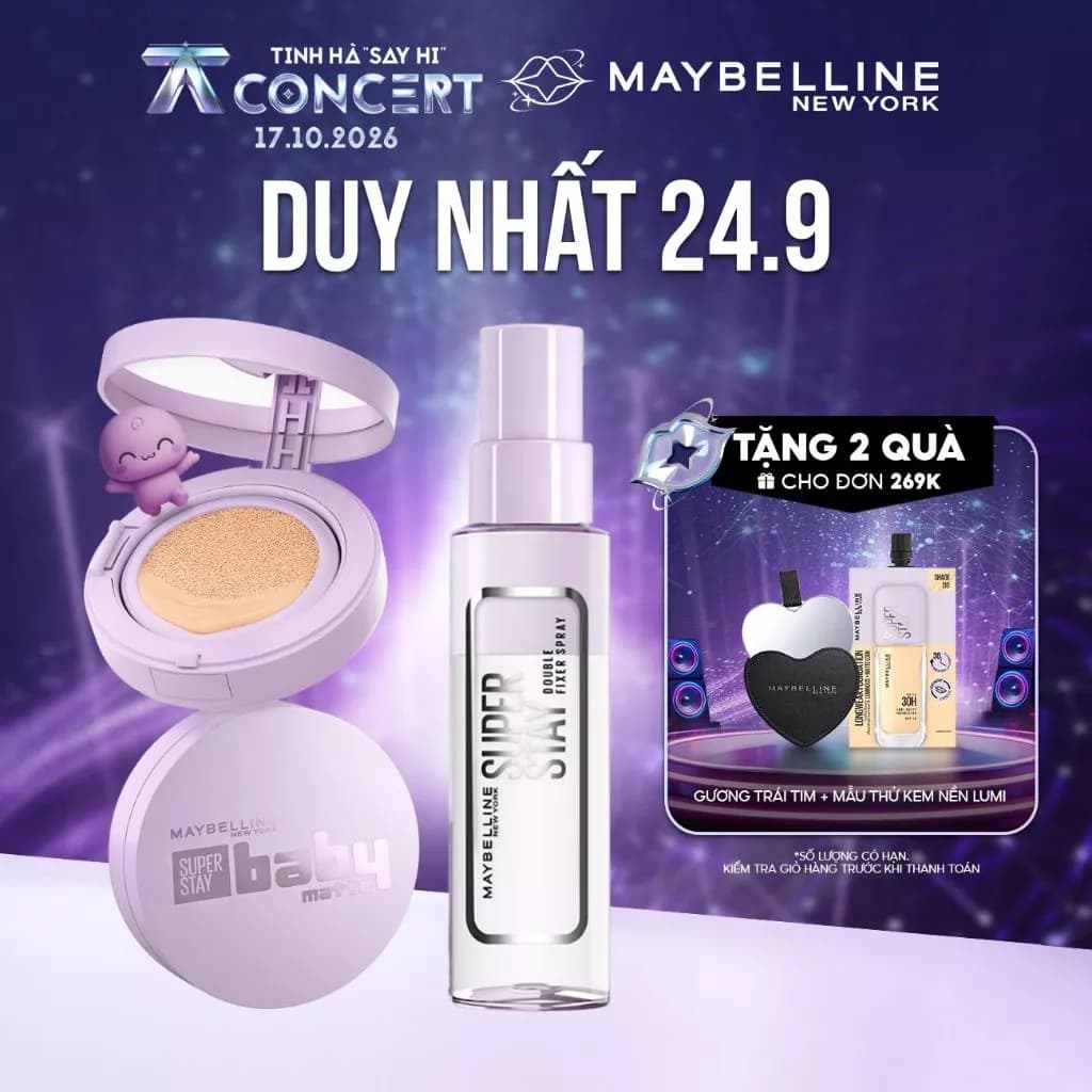 [Bộ trang điểm]Phấn nước Superstay 24H BabyMatte Cushion và Xịt khóa nền Superstay Double Fixer Spray Maybelline NewYork