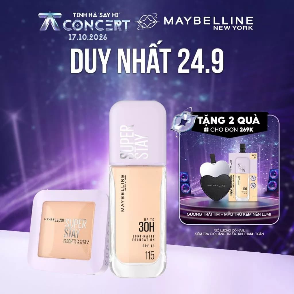 [Bộ trang điểm] Phấn Phủ Nền Linh Hoạt SuperStay 30H Flex Powder 9G và Kem nền Superstay Lumi Matte Maybelline New York