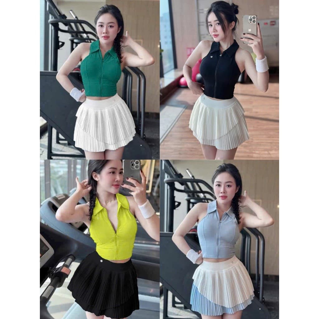 [HÀNG MỚI VỀ] Bộ thể thao nữ, Áo sẵn mút đúc kéo khoá váy phối lưới  QCCC tập Gym, nhảy, pickleball, tennis (có tách lẻ)