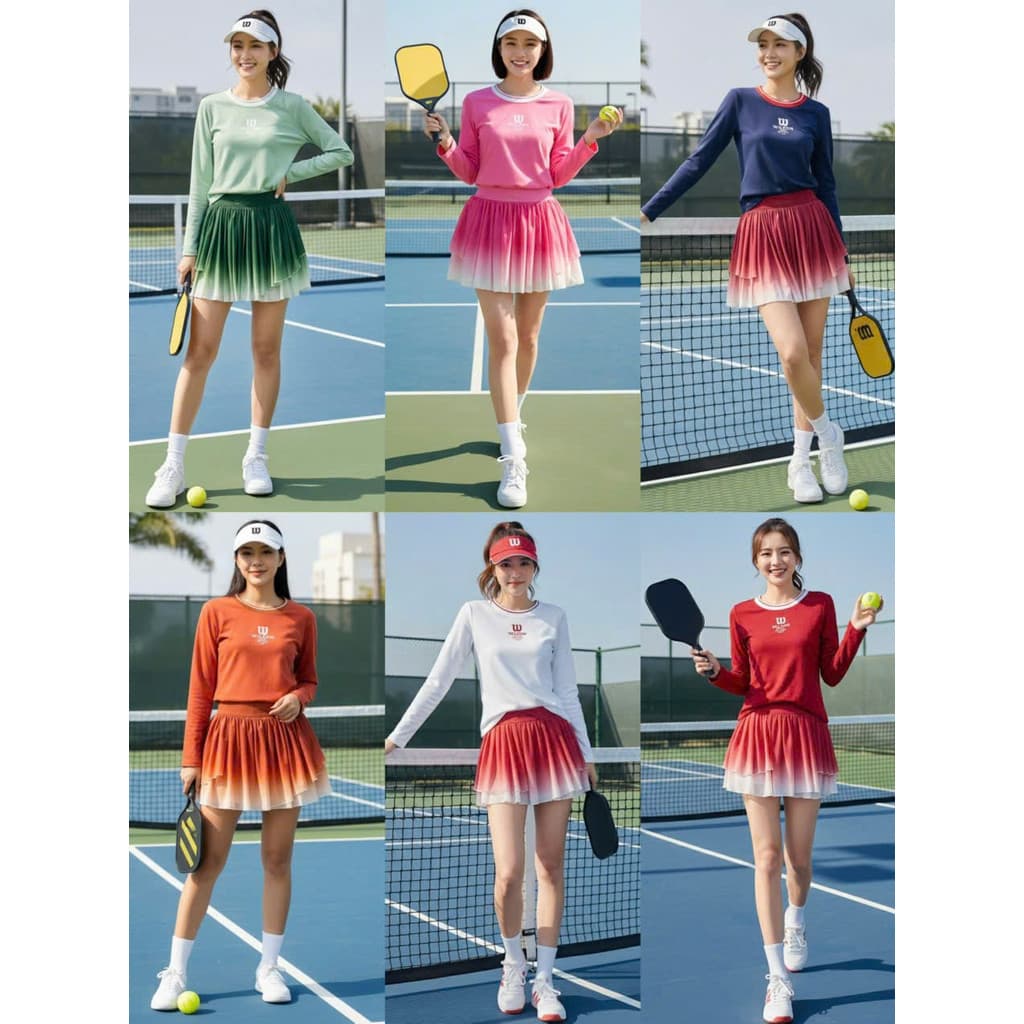 [PICKLEBALL NEW]Bộ thể thao nữ, Sét Áo dài cổ tròn váy 2 lớp chơi Pickleball, tennis, Golf... Hàng  cao cấp
