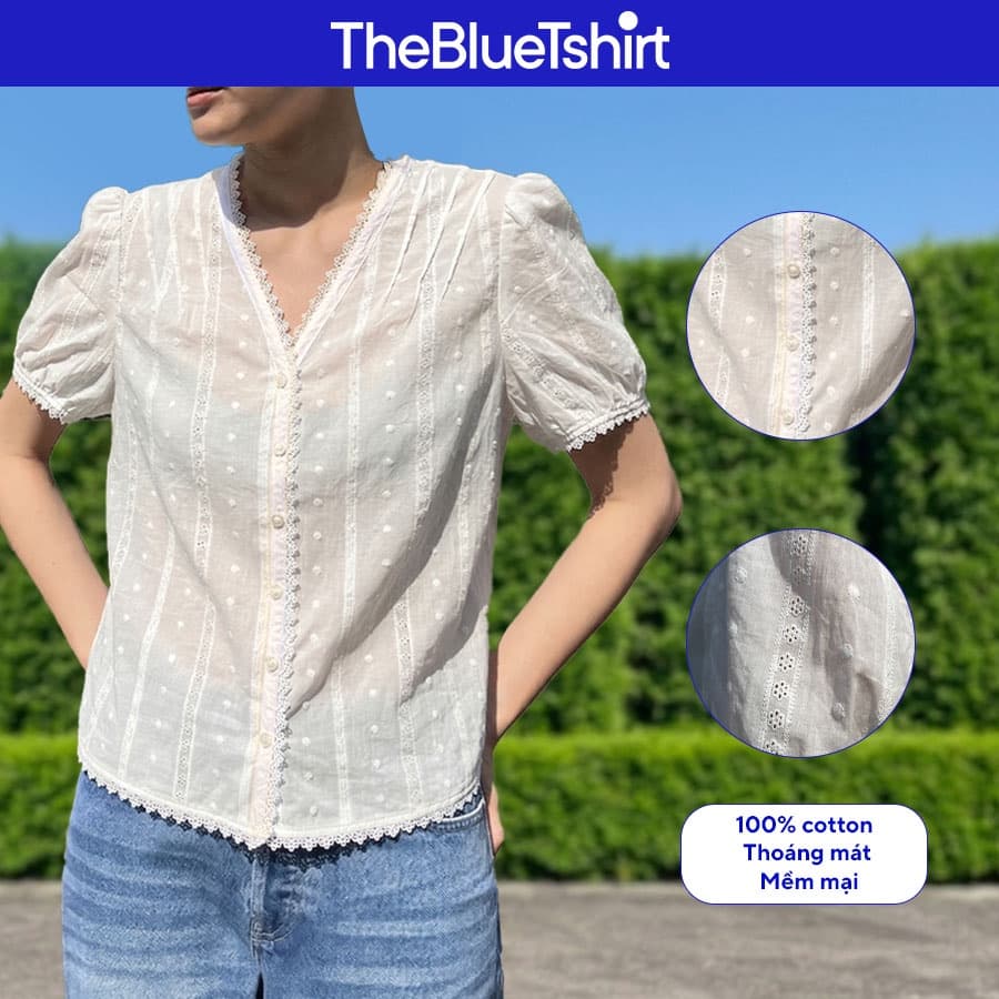 TheBlueTshirt - Áo kiểu nữ thêu cổ tim phối ren phom regular nữ tính - Camille Top
