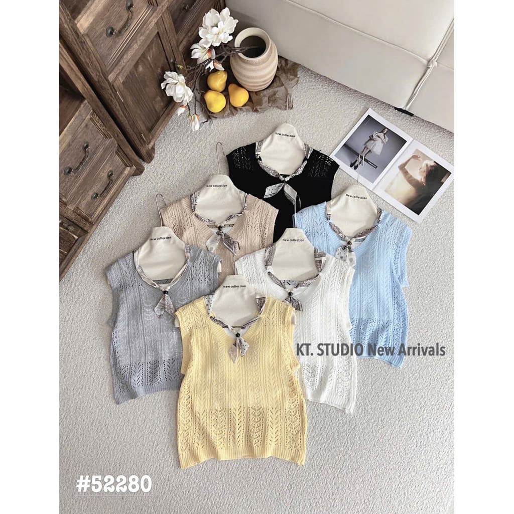 🔥 Áo gile dệt kim nữ cổ V phối khăn thời trang - Áo khoác ngoài KT. STUDIO phong cách Hàn Quốc trẻ trung (SKU: 52280) 🎀