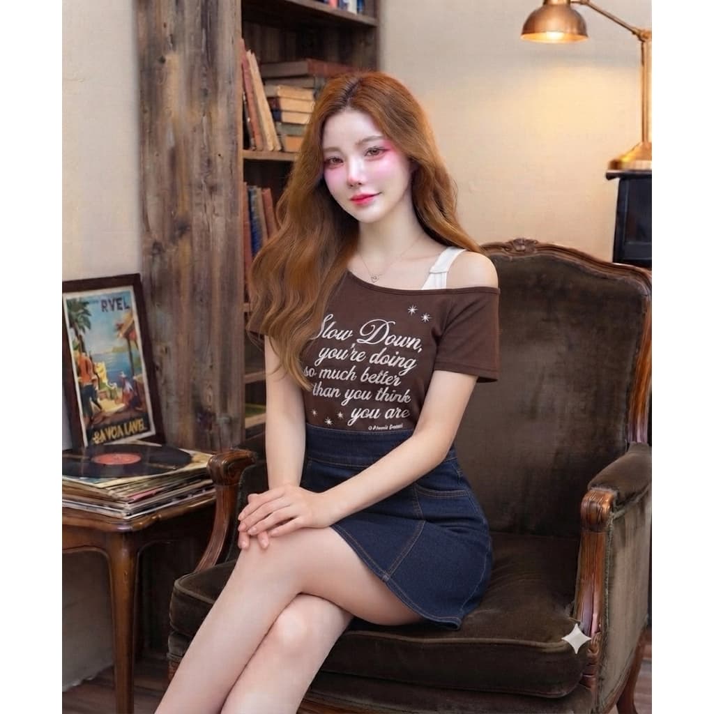✨ SET ÁO THUN GIẢ 2 MÓN CỔ LỆCH RÚT DÂY HÔNG IN CHỮ ✨