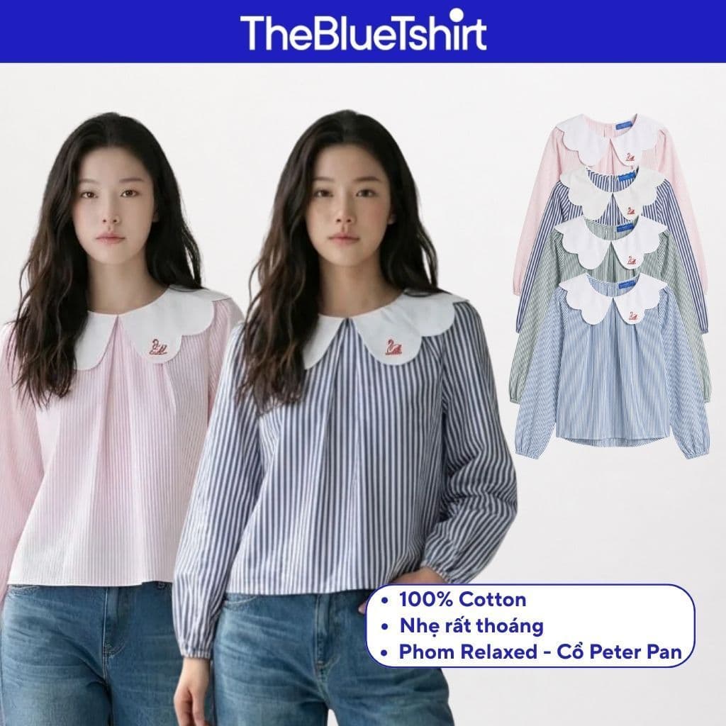 TheBlueTshirt - Áo sơ mi kẻ sọc cổ peter pan cách điệu búp bê tay dài - Swan Blouse