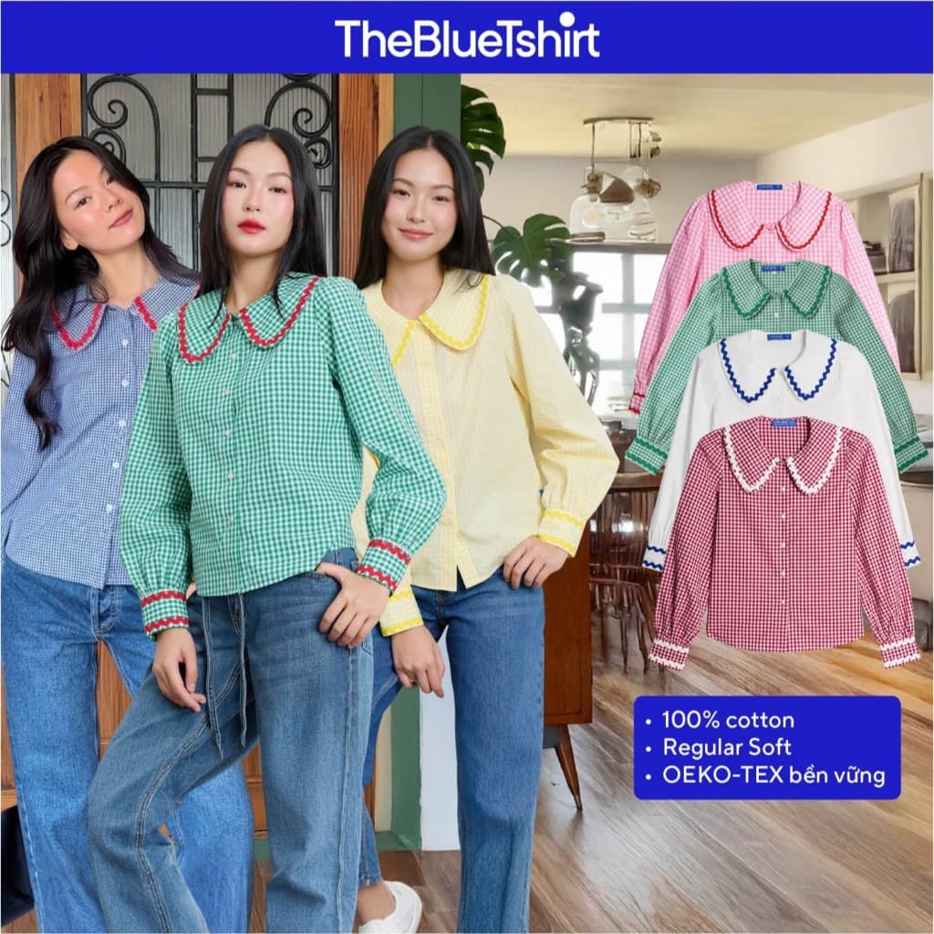 TheBlueTshirt - Áo sơ mi caro tay dài kiểu bèo tay nhún cho nữ - Jessie Shirt - Women