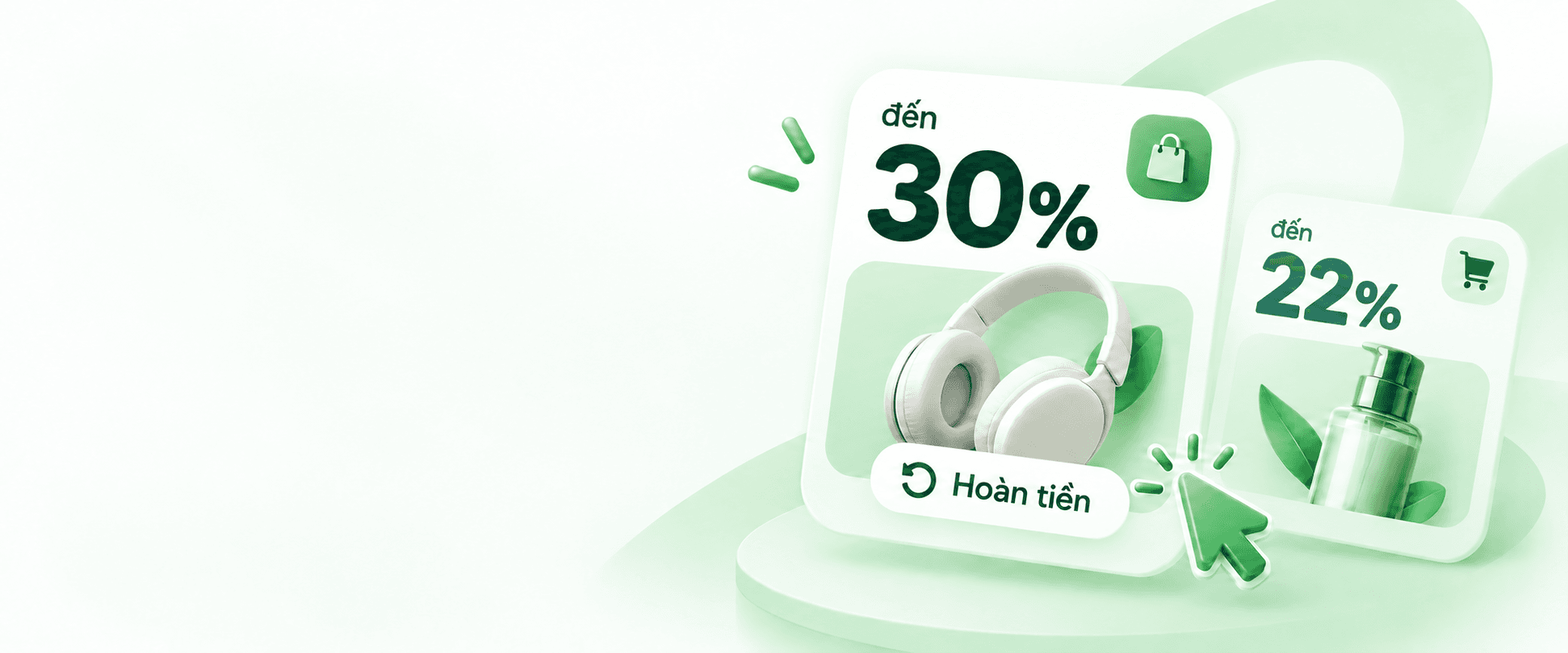 Hai thẻ sản phẩm với tỷ lệ hoàn tiền nổi bật và nút hoàn tiền