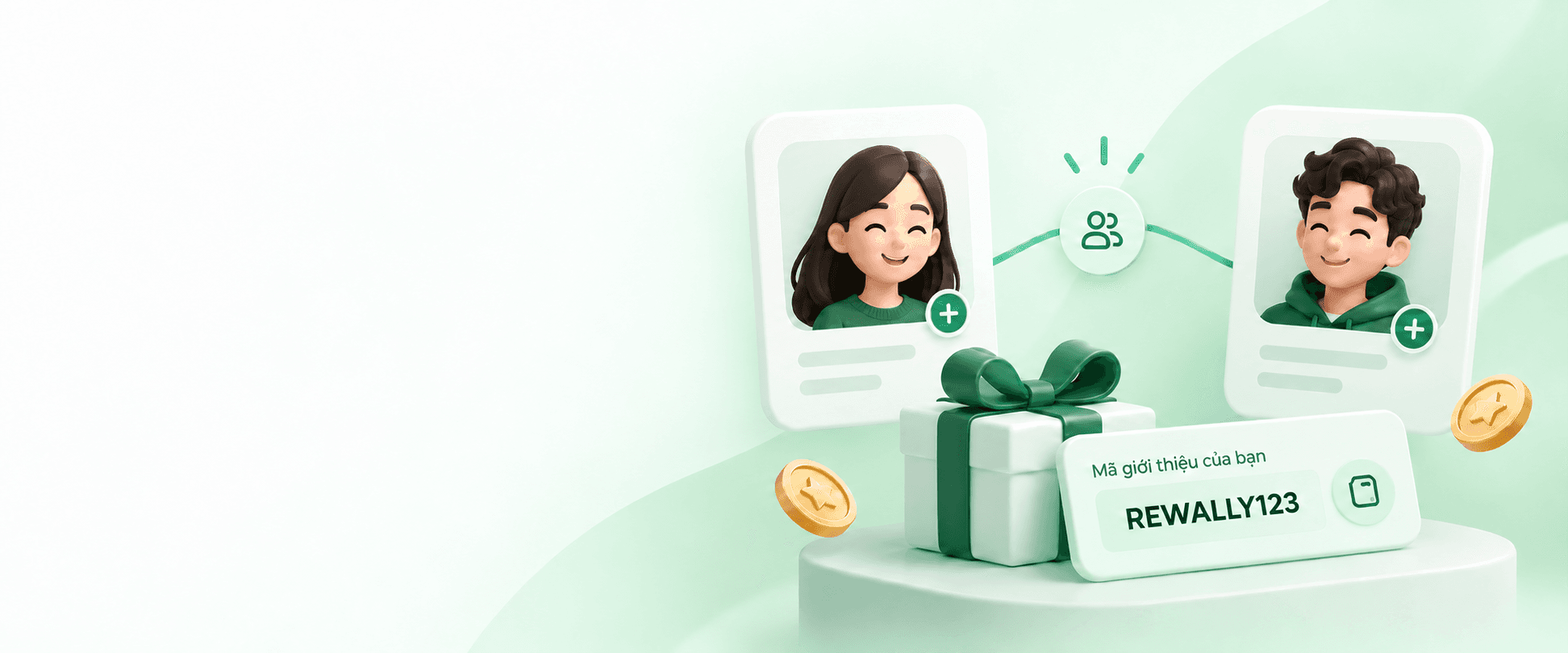 Hai người dùng được kết nối với nhau, hộp quà và ô mã giới thiệu