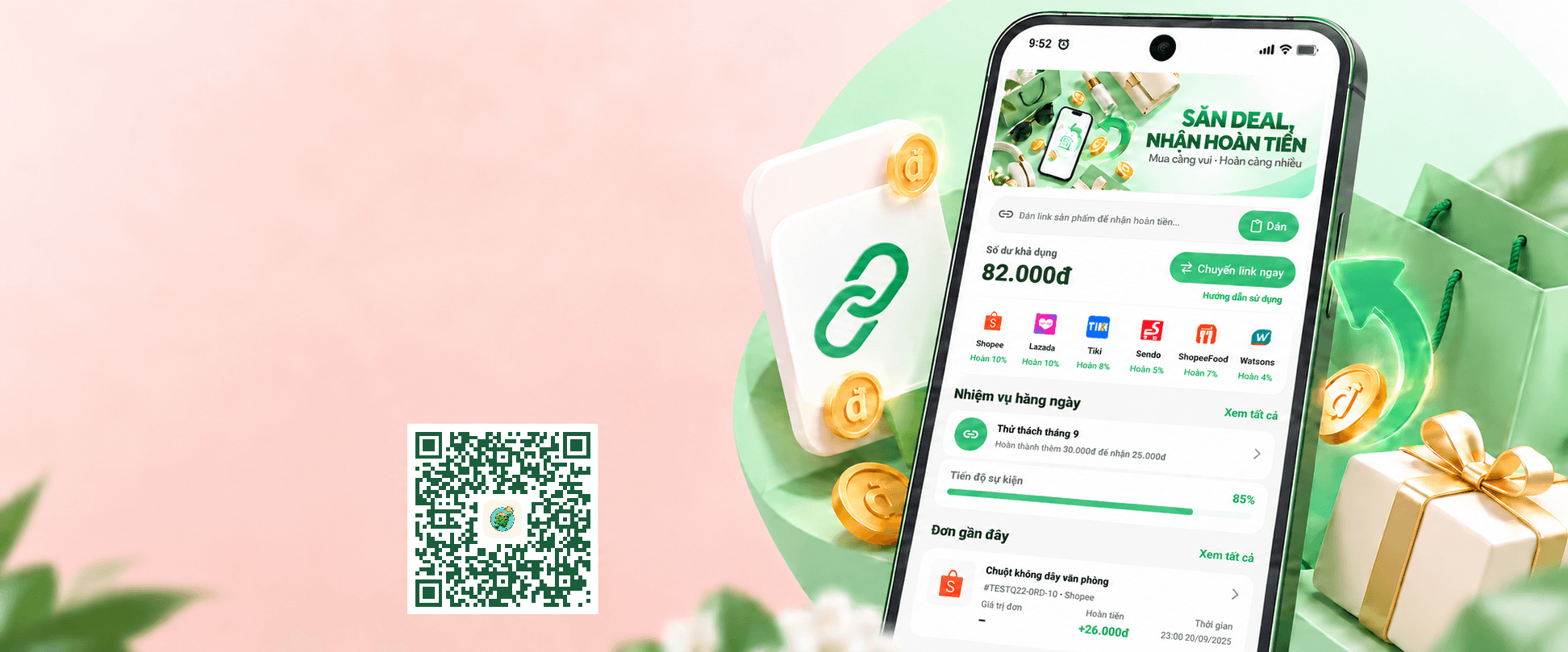 Ứng dụng Rewally trên điện thoại kèm mã QR để tải app